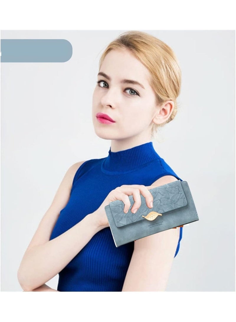 Bukela Women's RFID Long Wallet with Multiple Card Slots, PU Leather Leaf Pattern Purse, Blue - Image 3
