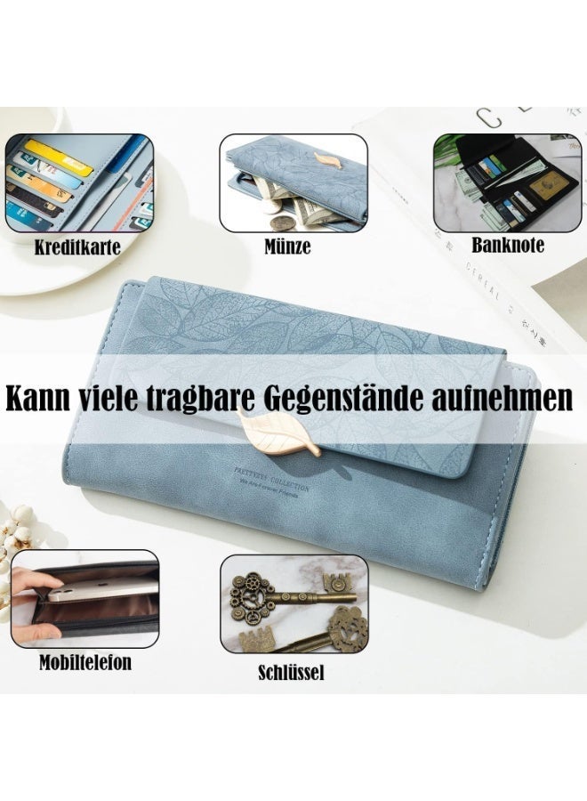 Bukela Women's RFID Long Wallet with Multiple Card Slots, PU Leather Leaf Pattern Purse, Blue - Image 4