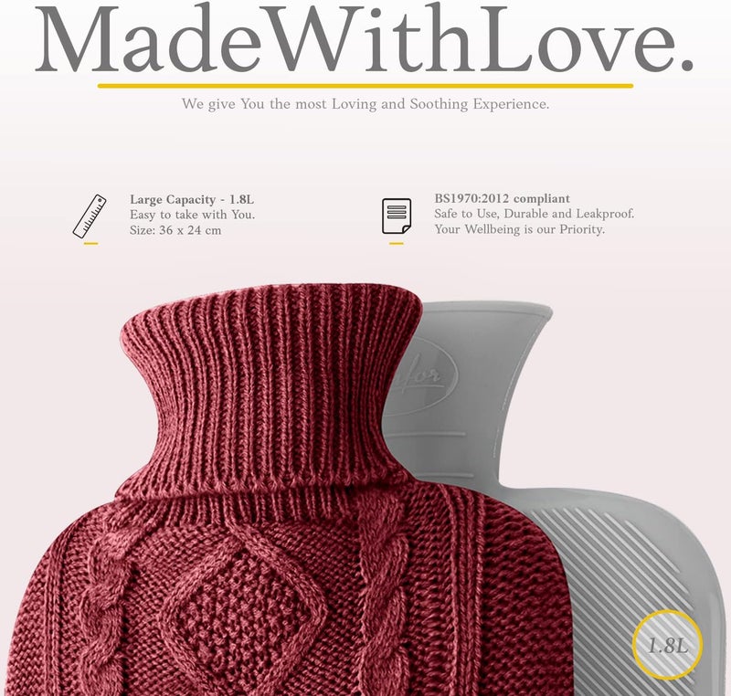 Qomfor Hot Water Bottle with Cover - Soft Premium Knitted Cover - 1.8 L Large Hot Water Bottle Kids Bed Bottle for Adults for Cuddly Nights and Pain Relief - Burgundy - Image 3