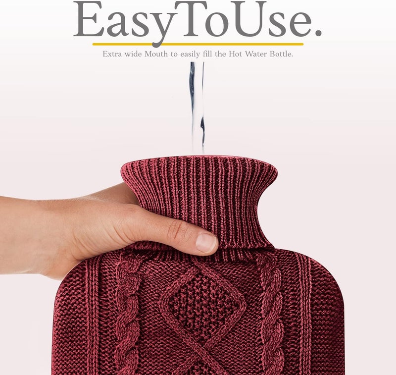 Qomfor Hot Water Bottle with Cover - Soft Premium Knitted Cover - 1.8 L Large Hot Water Bottle Kids Bed Bottle for Adults for Cuddly Nights and Pain Relief - Burgundy - Image 4