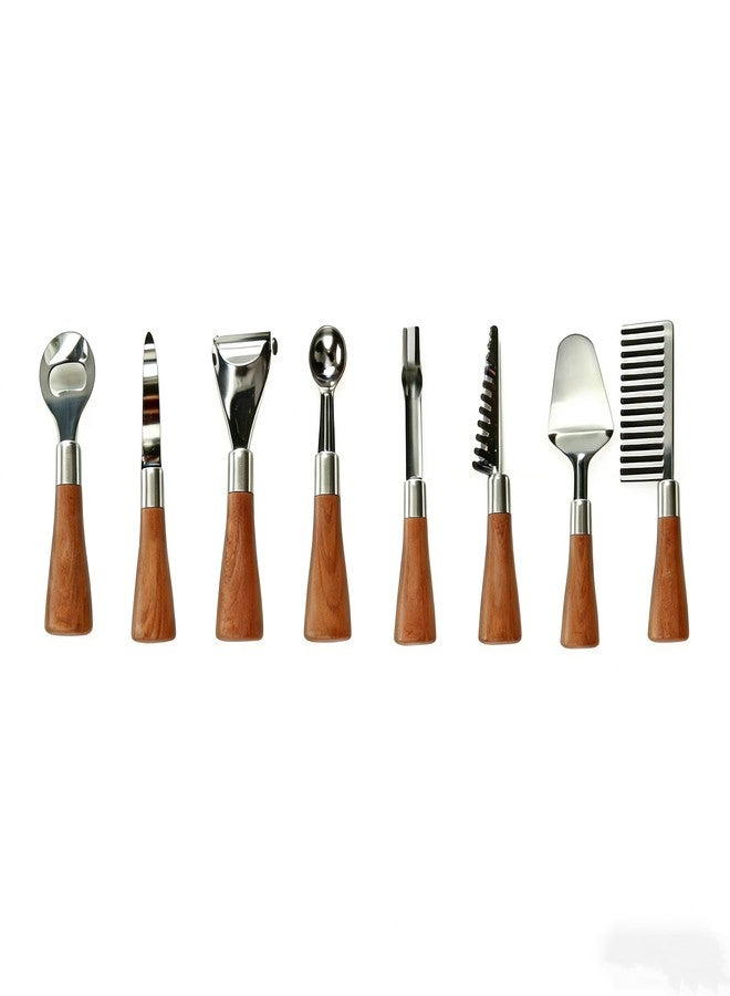 HIFIND 8PCS Stainless Steel Kitchen Gadget Set with Wood Grain Handles - Round Bottle Opener, Straight/Y Peelers, Fruit Scoop, Fruit Corer, Fruit Corer, Fruit Scaler, Cheese Spatula, Dough Cutter - Image 1