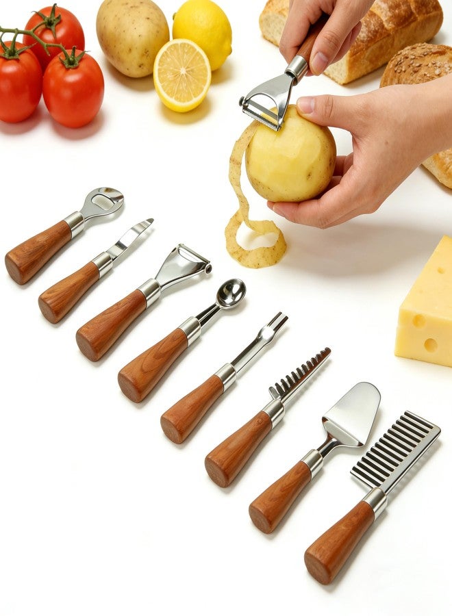 HIFIND 8PCS Stainless Steel Kitchen Gadget Set with Wood Grain Handles - Round Bottle Opener, Straight/Y Peelers, Fruit Scoop, Fruit Corer, Fruit Corer, Fruit Scaler, Cheese Spatula, Dough Cutter - Image 2
