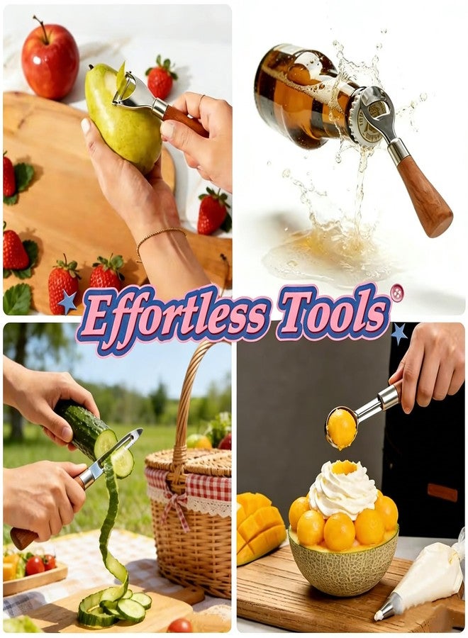 HIFIND 8PCS Stainless Steel Kitchen Gadget Set with Wood Grain Handles - Round Bottle Opener, Straight/Y Peelers, Fruit Scoop, Fruit Corer, Fruit Corer, Fruit Scaler, Cheese Spatula, Dough Cutter - Image 4