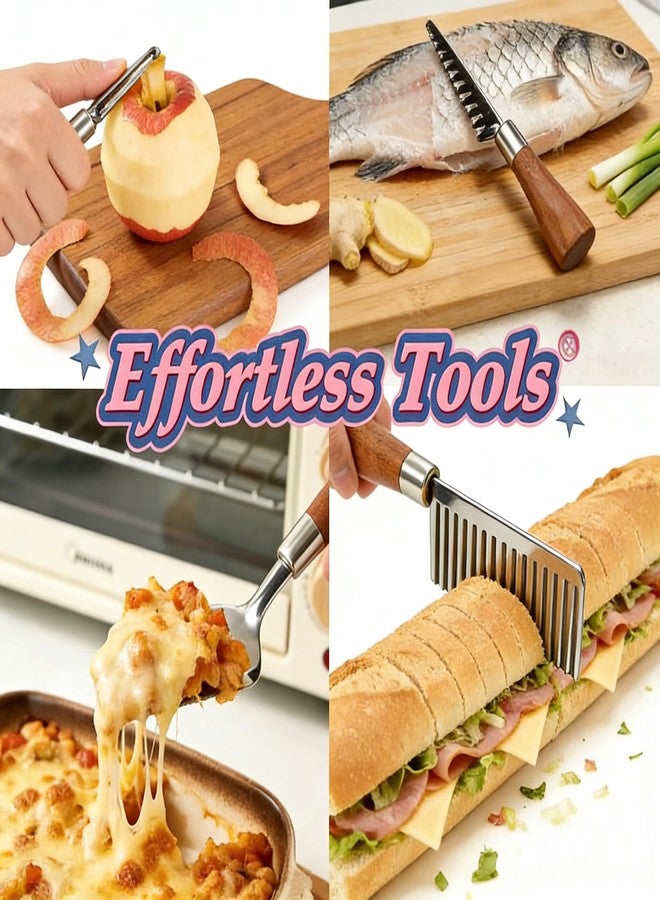 HIFIND 8PCS Stainless Steel Kitchen Gadget Set with Wood Grain Handles - Round Bottle Opener, Straight/Y Peelers, Fruit Scoop, Fruit Corer, Fruit Corer, Fruit Scaler, Cheese Spatula, Dough Cutter - Image 3