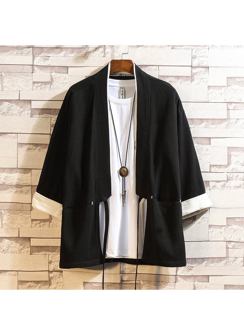 Generic - Chinese Style Linen Seven Sleeve Shirt Hanfu Tang Suit Mens Loose Fit Cardigan Jacket Casual Scene Summer Season Navy - Image 1