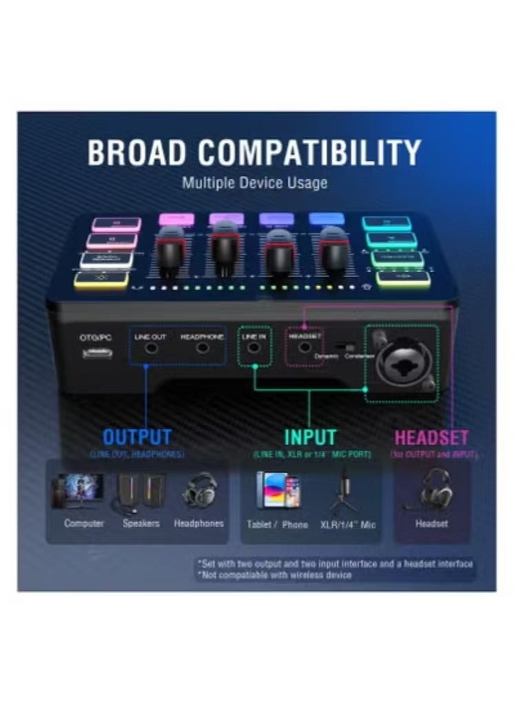 Captaintech Gaming Audio Mixer, Streaming RGB PC Mixer with XLR Microphone Interface, Individual Control, Volume Fader, Mute on, 48V Phantom Power, for Podcast/Recording/Vocal/Game Voice-AmpliGame SC3  - Image 4