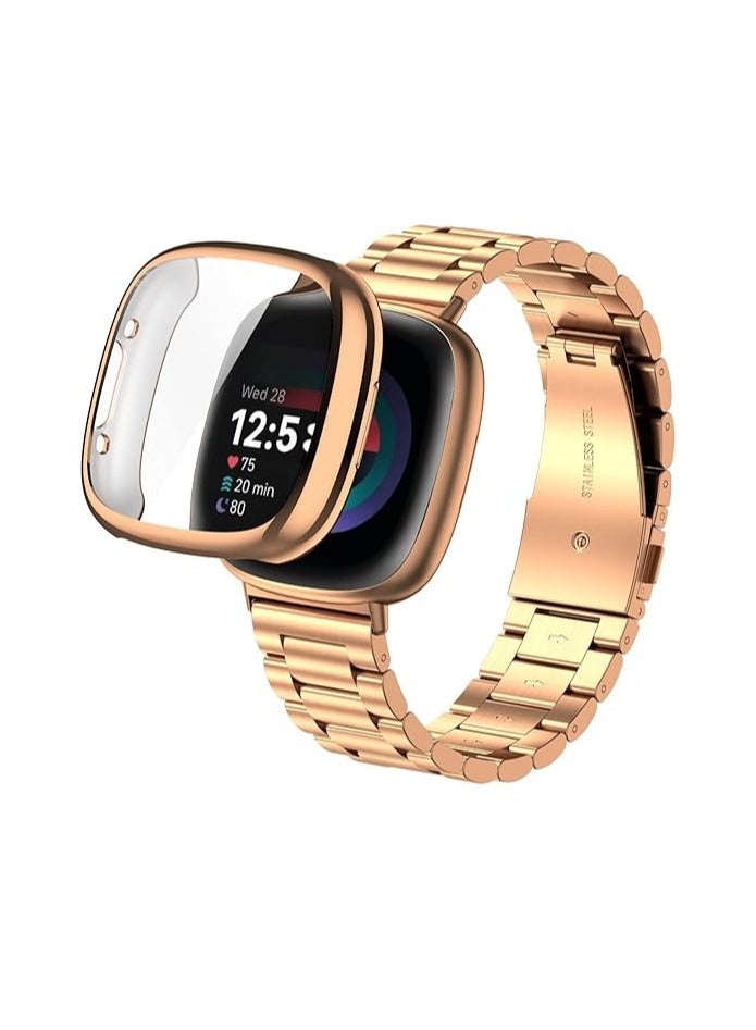 ELMO3EZZ Case Cover Compatible With Fitbit Versa 3 & Fitbit Sense Soft TPU Protective Case Cover Screen Protector(Rose Gold) - Image 1