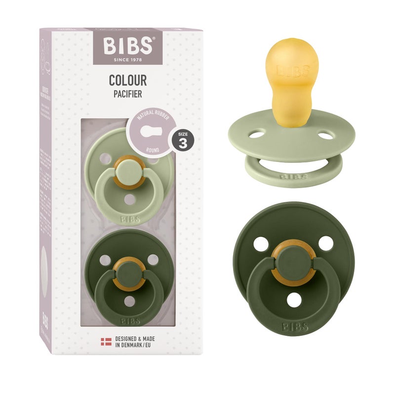 BIBS Pacifiers Colour Collection | Natural Rubber Baby Pacifier | Set of 2 BPA-Free Soothers | Made in Denmark | 18+ Months (Pack of 2) | Sage/Hunter Green - Image 1