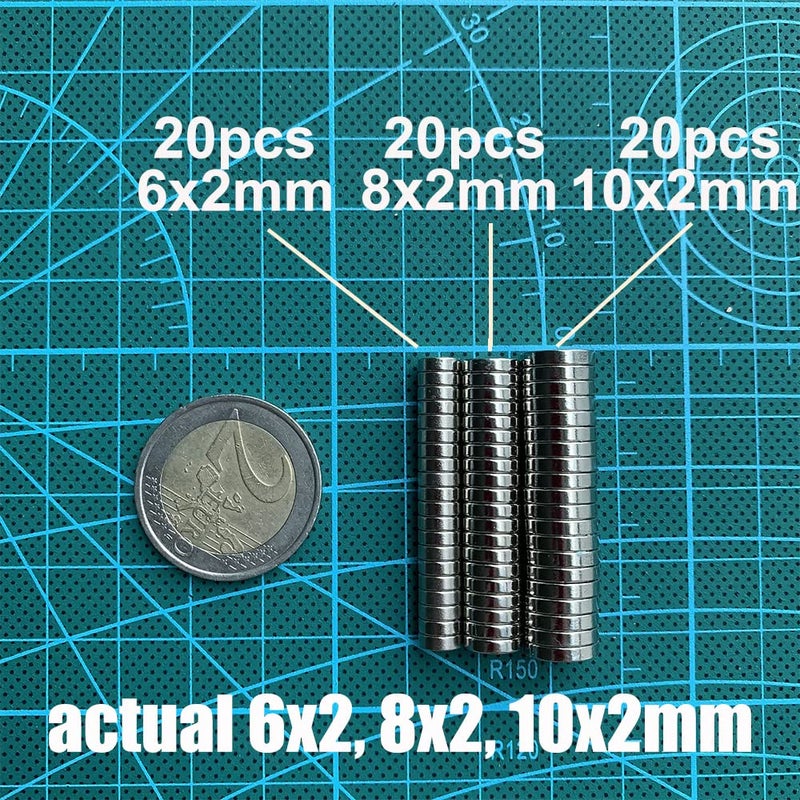 MEALOS 60 ميلاوس مغناطيس صغير - 20 قطعة 6X2 مم، 20 قطعة 8X2 مم، 20 قطعة 10X2 مم - مغناطيس رفيع صغير للحرف، المجسمات، مشاريع الطباعة ثلاثية الأبعاد، الهوايات - مجموعة مغناطيسات صغيرة دائرية - Image 3