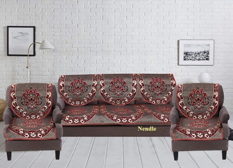 Nendle Damask Design Concept 5 Seater Sofa Set Covers with Cotton & Polyester (Dark Maroon, Standard Size) - Pack of 6 - Image 2