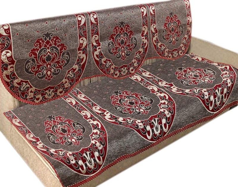 Nendle Damask Design Concept 5 Seater Sofa Set Covers with Cotton & Polyester (Dark Maroon, Standard Size) - Pack of 6 - Image 1