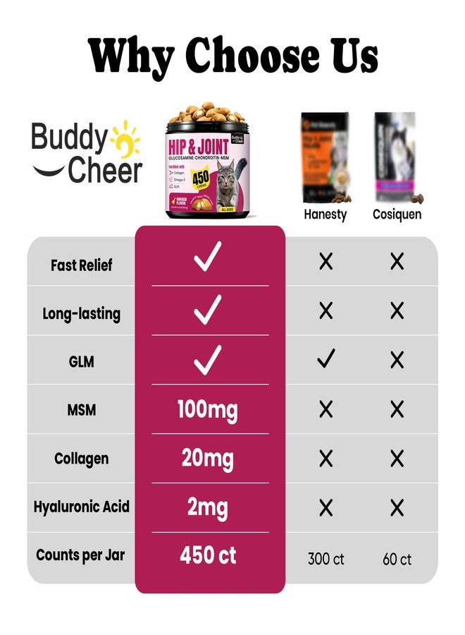 BuddyCheer Glucosamine for Cats, Cat Joint Supplement with Chondroitin, Omega-3s & Green-Lipped Mussel, Pain Relief Crunchy & Creamy Treats for Senior Cats, Hip & Joint, Mobility & Flexibility Support -450 Chews - Image 2