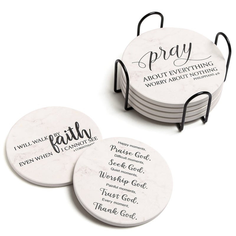 Hoomey Coasters for Drinks with Bible Verses Set of 6 Absorbent Drinks Coasters with Holder Ceramic Drink Coaster with Cork Backing for Table Protection Christian Coasters Christian Gifts