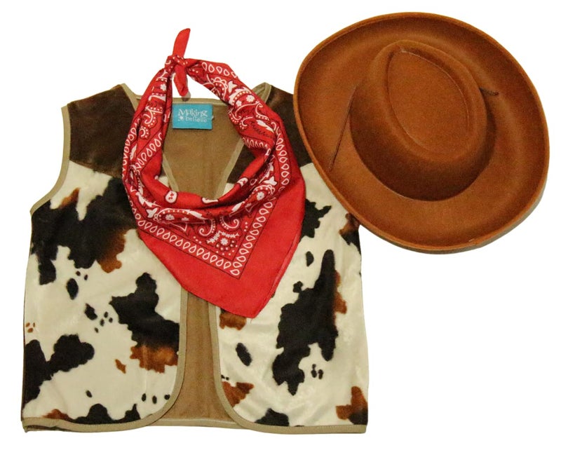 Kids Western Rodeo Cowboy or Cowgirl Basic Costume Set Vest Brown Hat Bandanna Size 68