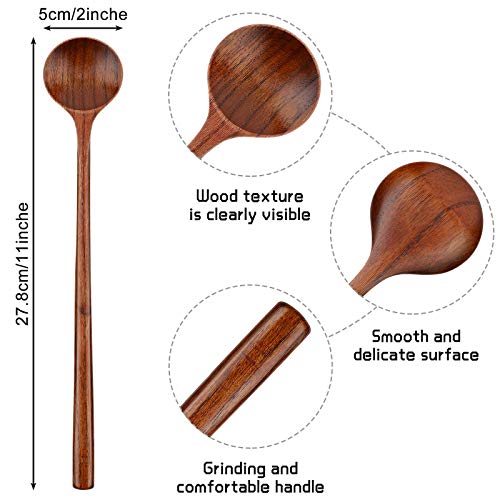 Patelai 6 Pieces Wooden Long Spoons Long Handle Round Spoons Korean Style Soup Spoons for Soup Cooking Mixing Stirring Kitchen Tools Utensils, 10.9 Inch (Brown) - Image 2