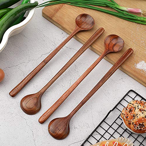 Patelai 6 Pieces Wooden Long Spoons Long Handle Round Spoons Korean Style Soup Spoons for Soup Cooking Mixing Stirring Kitchen Tools Utensils, 10.9 Inch (Brown) - Image 5