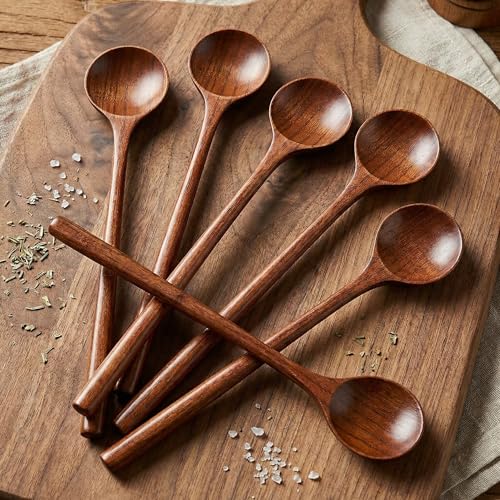 Patelai 6 Pieces Wooden Long Spoons Long Handle Round Spoons Korean Style Soup Spoons for Soup Cooking Mixing Stirring Kitchen Tools Utensils, 10.9 Inch (Brown) - Image 1