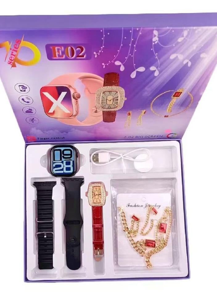 E02 Series Luxury Gift Set – Smartwatch, Classic Watch & Jewelry Collection