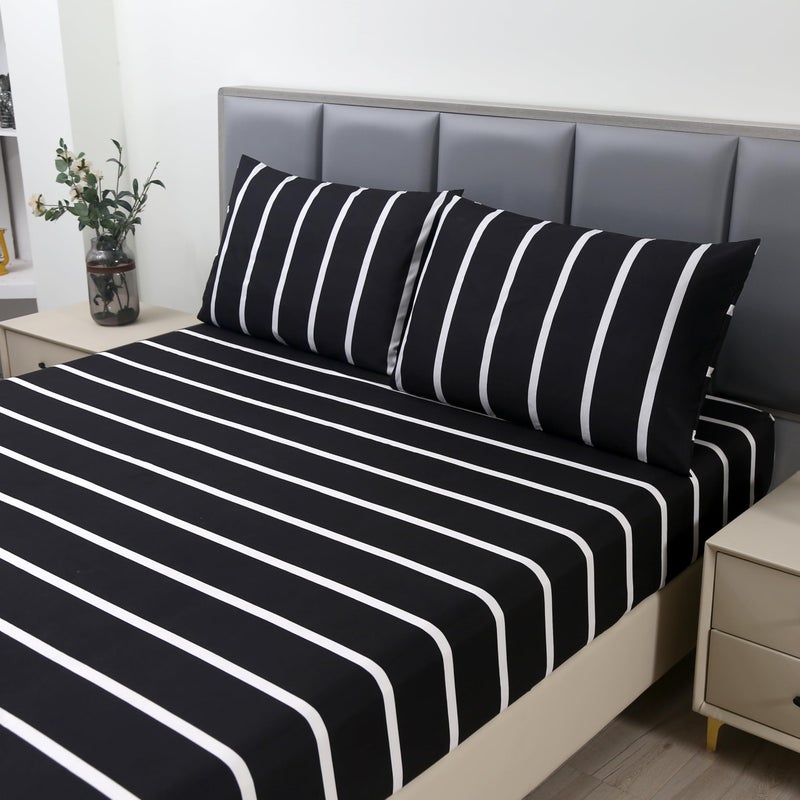 MAG 3pcs Striped Queen Bed SheetBlack and White Pattern Microfiber Bedding Sheet SetHotel Quality Sheets with1 Fitted Sheet and 2 Pillowcases14 Inches Deep Black and White Queen