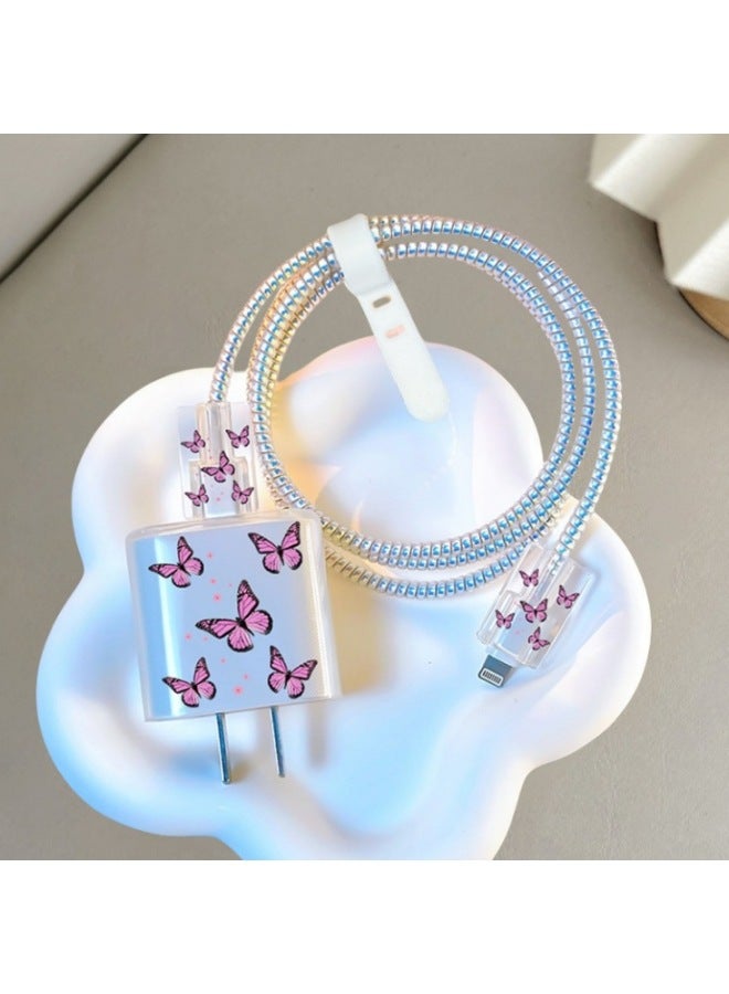 Frosted For Apple 20w/18w Charging Head Cover Data Line Protective Cover Bite Cherry Blossom-Colour:Purple Butterfly  - Image 1