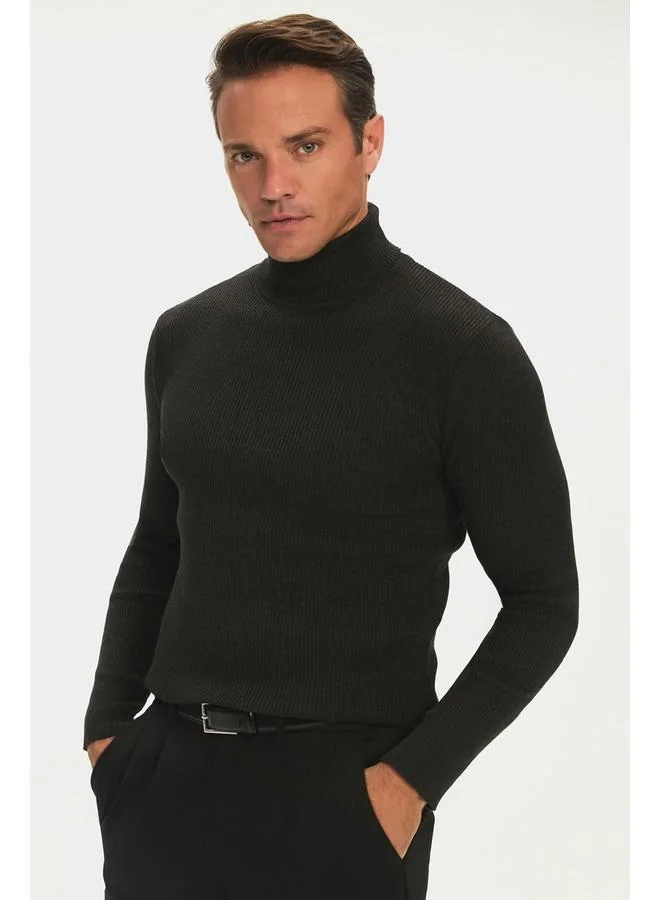 JUNE June Men Slim Fit Turtleneck Ribbed Knit Sweater Anthracite