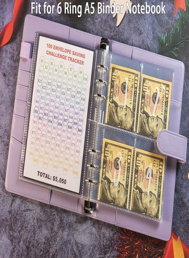 WITHYU 25 Pcs 4 Pocket 100 Envelopes Money Saving Challenge Sleeves and Tracker Sheet Protector, Fit for 6 Ring A5 Binder, Pre-Printed 1~100 Numbers Money Pockets Refill Pages,Top Loading Currency Pages - Image 4