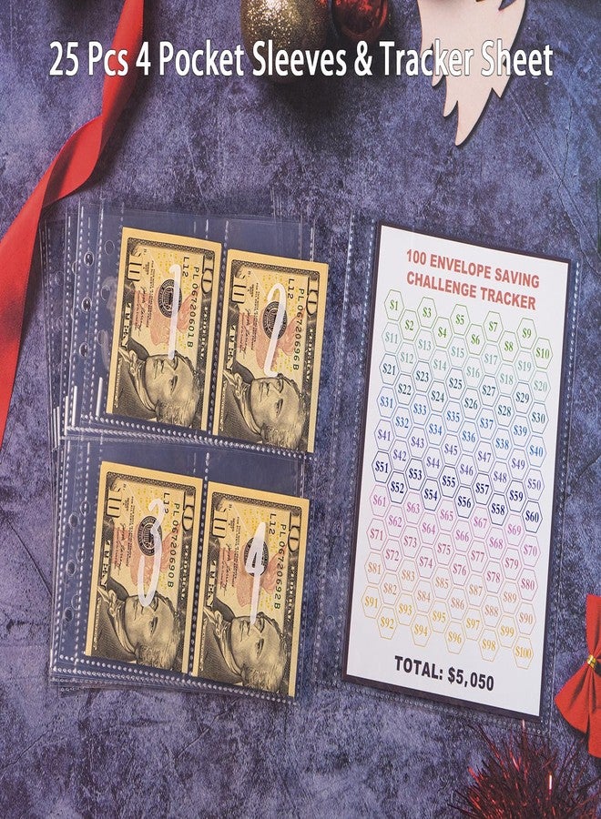 WITHYU 25 Pcs 4 Pocket 100 Envelopes Money Saving Challenge Sleeves and Tracker Sheet Protector, Fit for 6 Ring A5 Binder, Pre-Printed 1~100 Numbers Money Pockets Refill Pages,Top Loading Currency Pages - Image 2
