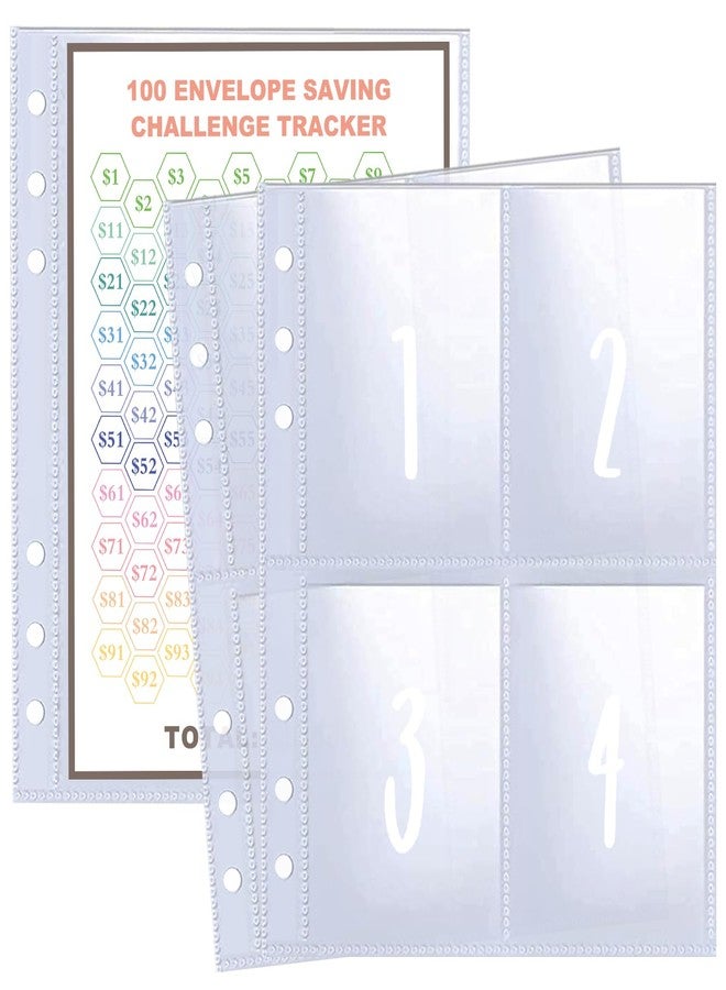 WITHYU 25 Pcs 4 Pocket 100 Envelopes Money Saving Challenge Sleeves and Tracker Sheet Protector, Fit for 6 Ring A5 Binder, Pre-Printed 1~100 Numbers Money Pockets Refill Pages,Top Loading Currency Pages - Image 1
