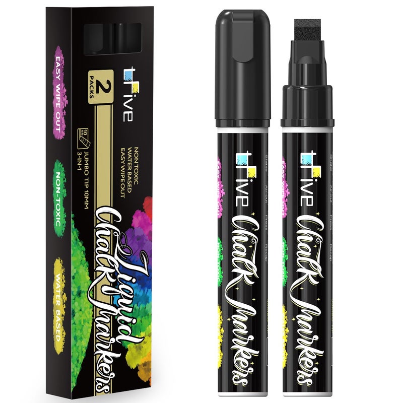 TFIVE Black Liquid Chalk Markers - 2 Pack Jumbo Chalk Pens with 10mm 3 in 1 Nib Wide Tips, Dry & Wet Erase Marker Pens for Glass, Chalkboard, BlackBoard, Windows, Calendar, Pumpkin, Mirror - Image 1