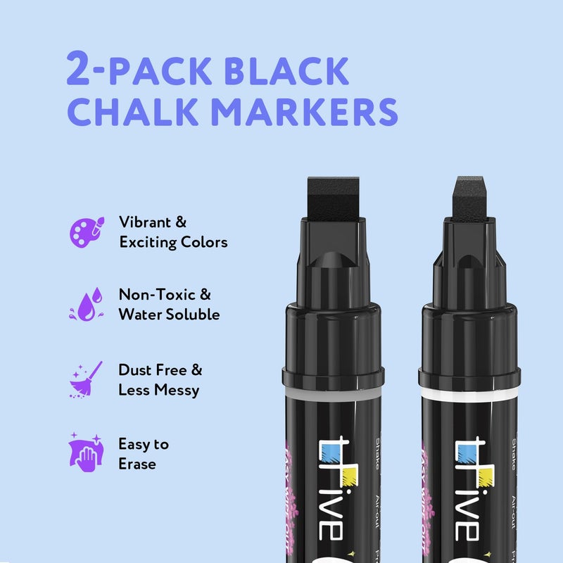 TFIVE Black Liquid Chalk Markers - 2 Pack Jumbo Chalk Pens with 10mm 3 in 1 Nib Wide Tips, Dry & Wet Erase Marker Pens for Glass, Chalkboard, BlackBoard, Windows, Calendar, Pumpkin, Mirror - Image 2
