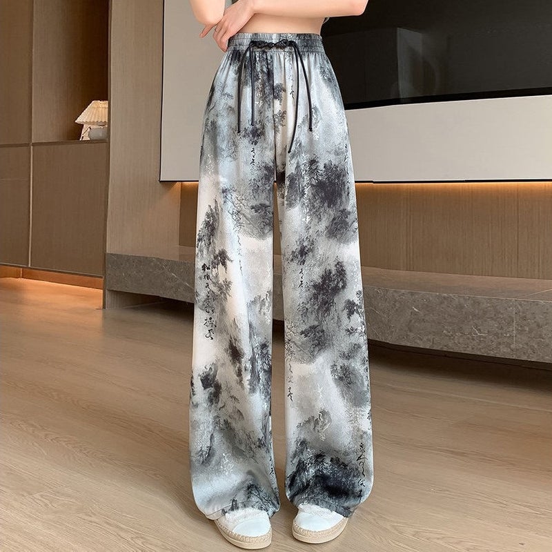 Ice Silk Wide Leg Pants Womens Summer Thin New Chinese Ink National Style Cool Sun Protection Pants High Waist Casual Pants Trousers chinese ink painting 