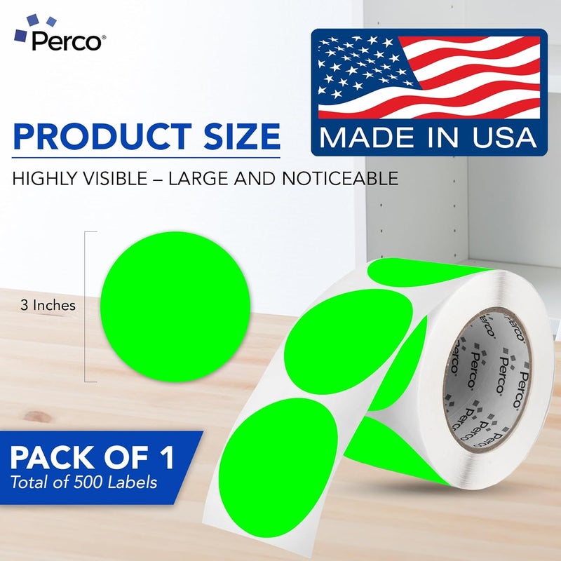Perco ملصقات دوائر دائرية خضراء متألقة من بيركو بحجم 3 إنش مع لاصق دائم 500 ملصق لكل لفة ألوان زاهية التصاق قوي مصنوعة في الولايات المتحدة الأمريكية - Image 2