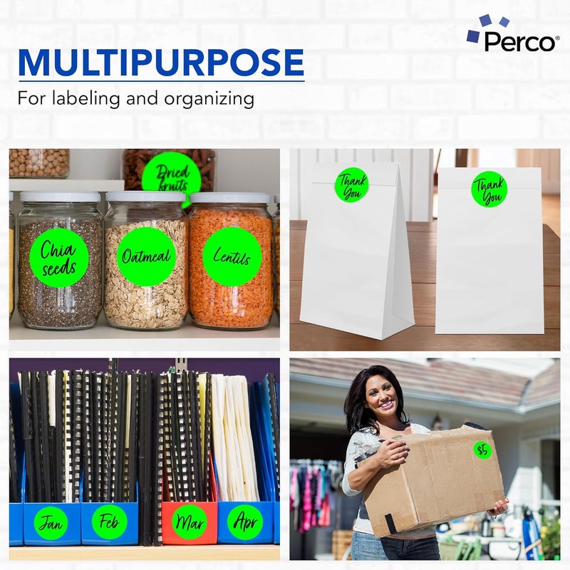 Perco ملصقات دوائر دائرية خضراء متألقة من بيركو بحجم 3 إنش مع لاصق دائم 500 ملصق لكل لفة ألوان زاهية التصاق قوي مصنوعة في الولايات المتحدة الأمريكية - Image 3
