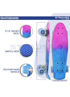 STRAUSS STRAUSS Cruiser Penny Skateboard, Anti-Skid Board with ABEC-7 High Precision Bearings, PU Light-Up Wheels, for Ages 8+ (22 X 6 Inch, Pink, Blue)  - Image 3