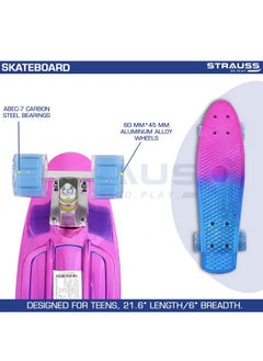 STRAUSS STRAUSS Cruiser Penny Skateboard, Anti-Skid Board with ABEC-7 High Precision Bearings, PU Light-Up Wheels, for Ages 8+ (22 X 6 Inch, Pink, Blue)  - Image 2