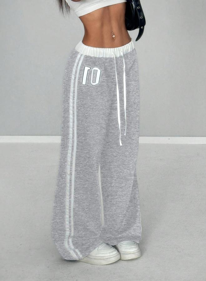 تايك تو بنطلون رياضي نسائي رمادي بشريط جانبي وخصر برباط - Image 1