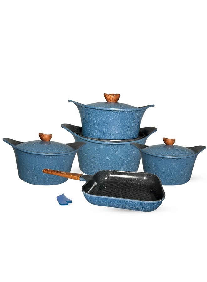 Glory Set of 11 includes 4 Pots (18 + 20 + 24 + 28) cm+ Grill 28 cm + 2 Mask Petrol blue - Image 1