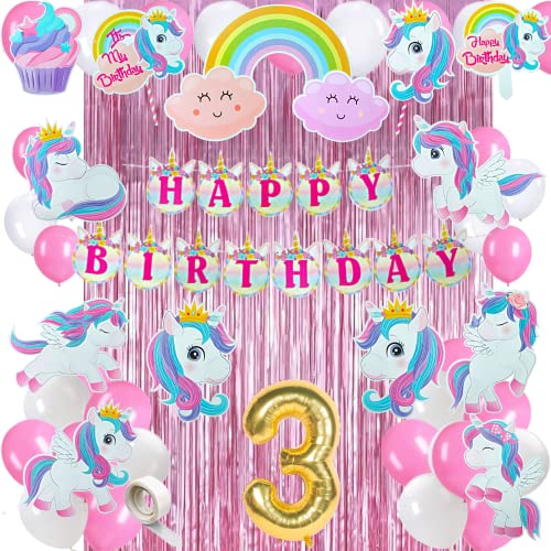 FI - FLICK IN 50 pcs 3rd Birthday Decoration for Girls Kit Unicorn Theme Bday Decorations Items Pink Curtain Unicorn Cutouts 3rd Birthday Decoration for Baby Girl (Pack of 50,Pink & White) - Image 1