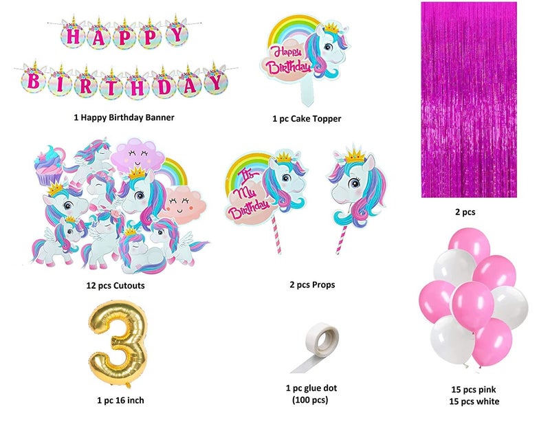 FI - FLICK IN 50 pcs 3rd Birthday Decoration for Girls Kit Unicorn Theme Bday Decorations Items Pink Curtain Unicorn Cutouts 3rd Birthday Decoration for Baby Girl (Pack of 50,Pink & White) - Image 2