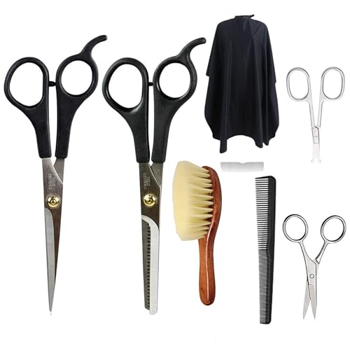 Doberyl® Professional Hair Cutting Kit-Easy Grip Handle and Finger Rest Holder Scissor, Small Size Nose, Beard & Mustache Hair Trimming Scissor, Neck Duster Brush, Comb, Salon Cape Set for Men & Women - Image 1