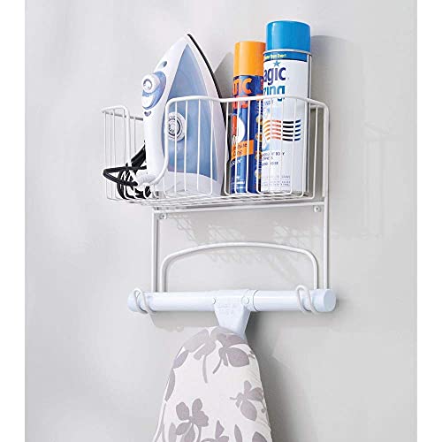 INDIAN DECOR. Indian Decor 28938 Wall Mounted Ironing Board Holder - Steel Ironing Board Rack For Easy Organisation - Includes Basket For Iron Storage - White - Image 2