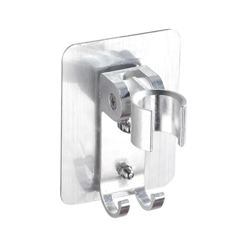 Adjustable Adhesive Metal Shower Head Holder Wall Mounted No Drilling Double Hooks for Hanging Accessories - Silver - Image 2