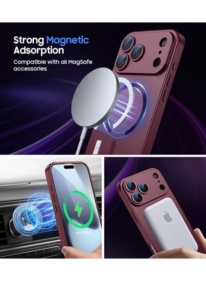 جراب مغناطيسي متوافق مع iPhone 17 Pro [متوافق مع MagSafe] [واقي عدسة الكاميرا المدمج] جراب هاتف رفيع رفيع من السيليكون الناعم المقاوم للصدمات لامع معدني (أحمر نبيذي) - Image 3