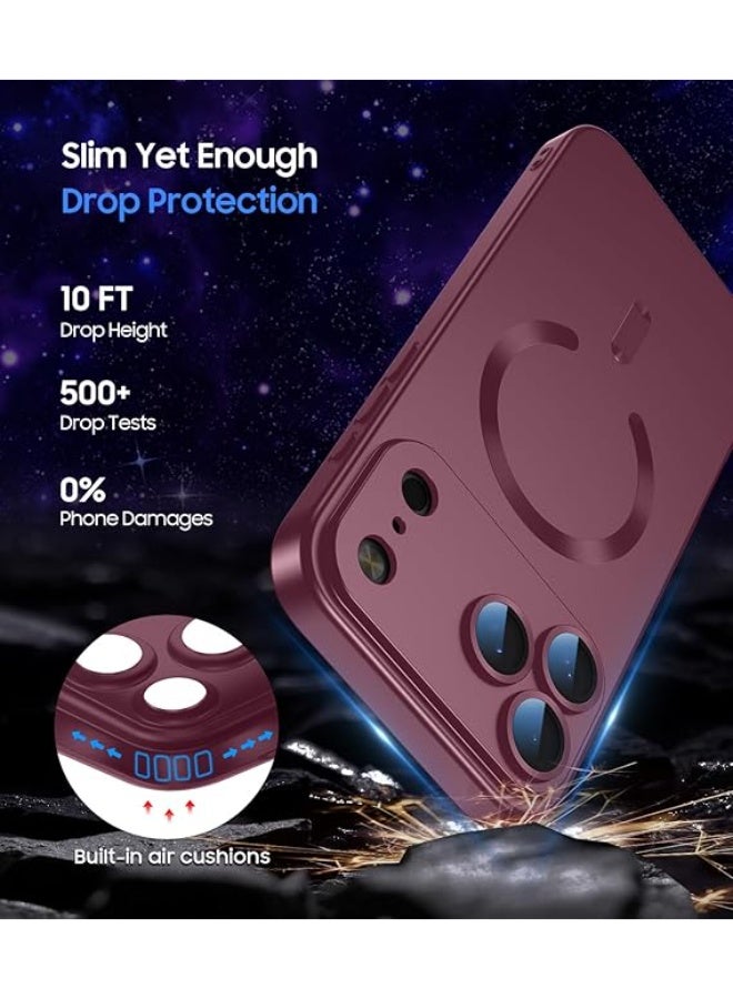 جراب مغناطيسي متوافق مع iPhone 17 Pro [متوافق مع MagSafe] [واقي عدسة الكاميرا المدمج] جراب هاتف رفيع رفيع من السيليكون الناعم المقاوم للصدمات لامع معدني (أحمر نبيذي) - Image 4