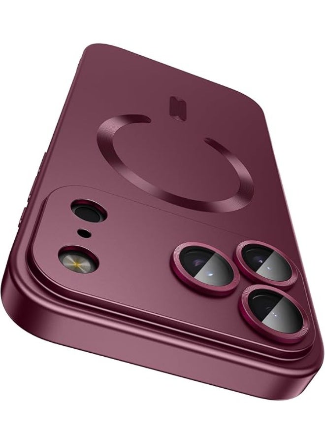 جراب مغناطيسي متوافق مع iPhone 17 Pro [متوافق مع MagSafe] [واقي عدسة الكاميرا المدمج] جراب هاتف رفيع رفيع من السيليكون الناعم المقاوم للصدمات لامع معدني (أحمر نبيذي) - Image 1