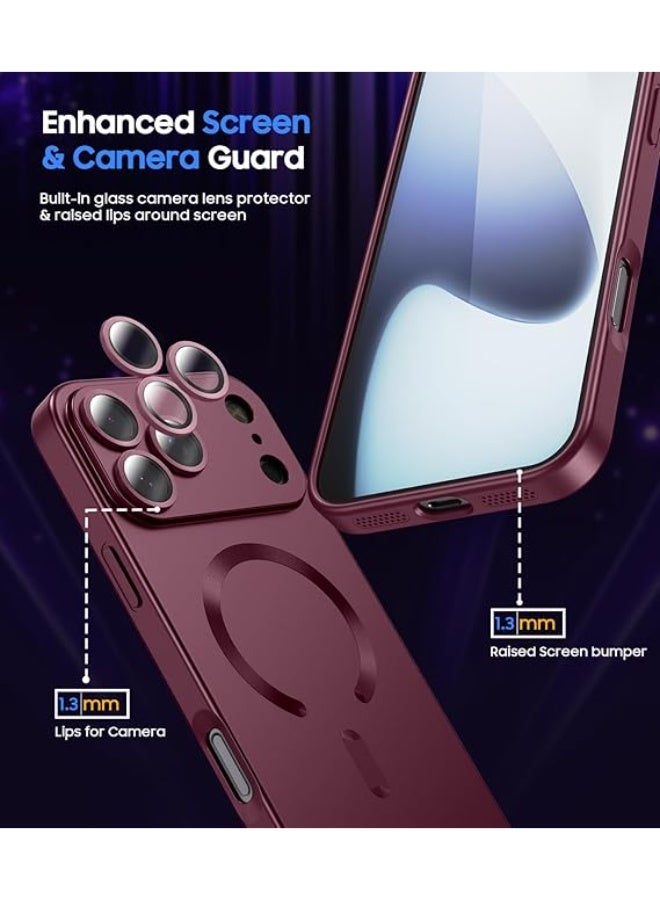 جراب مغناطيسي متوافق مع iPhone 17 Pro [متوافق مع MagSafe] [واقي عدسة الكاميرا المدمج] جراب هاتف رفيع رفيع من السيليكون الناعم المقاوم للصدمات لامع معدني (أحمر نبيذي) - Image 2