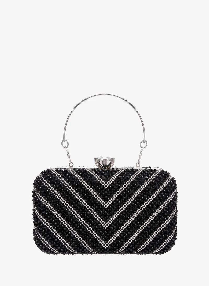 Viny Viny Women's Pearl & Crystal Clutch – Chevron Embellished with Diamond Clasp & Dual Detachable Handles – Weddings, Parties & Formal Occasions – Black, Gold, Champagne, Silver