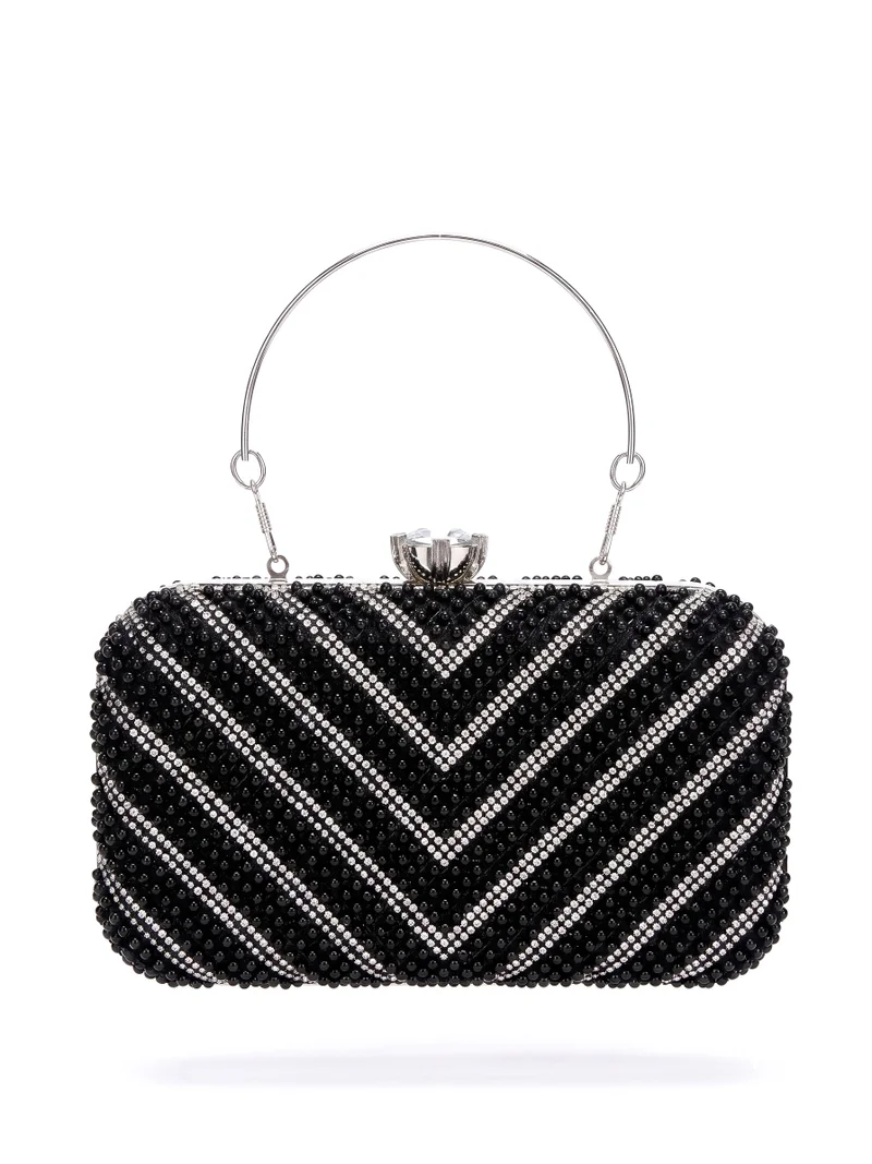 Viny Women's Pearl & Crystal Clutch – Chevron Embellished with Diamond Clasp & Dual Detachable Handles