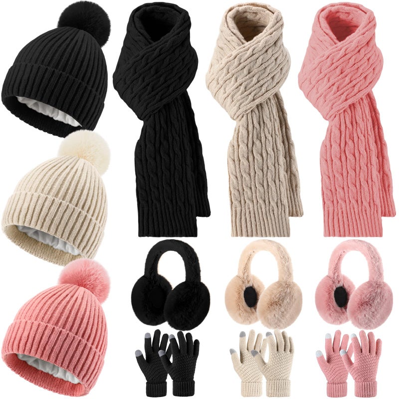 ShinyMatch 12 Pcs Winter Hat Gloves Scarf Earmuff Set Beanie Pompom Fleece Lining Hat Touch Screen Gloves Knitted Scarf(Black, Beige, Pink,Classic Style) - Image 1