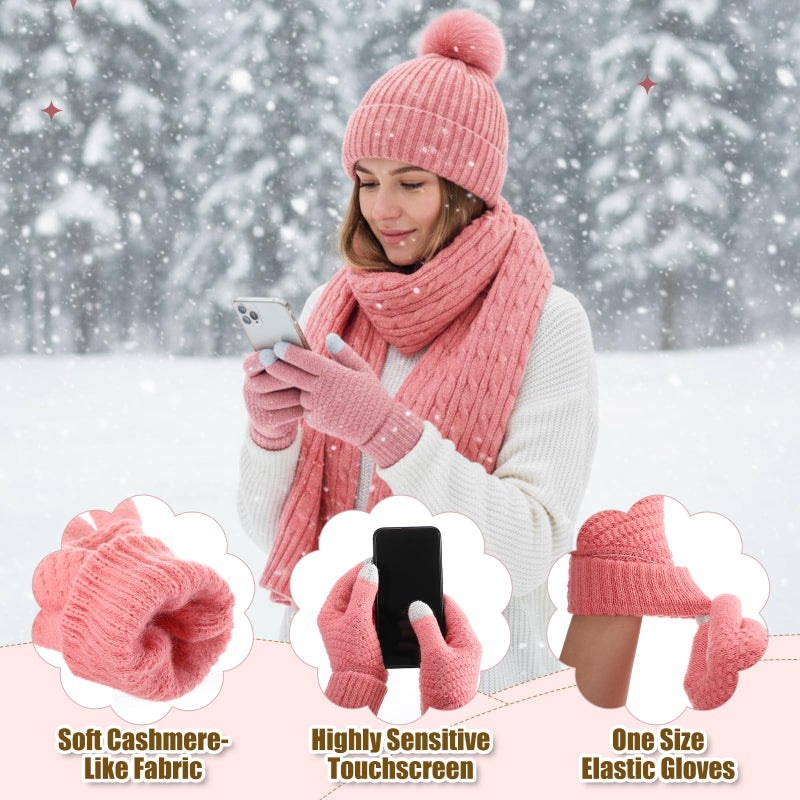 ShinyMatch 12 Pcs Winter Hat Gloves Scarf Earmuff Set Beanie Pompom Fleece Lining Hat Touch Screen Gloves Knitted Scarf(Black, Beige, Pink,Classic Style) - Image 4